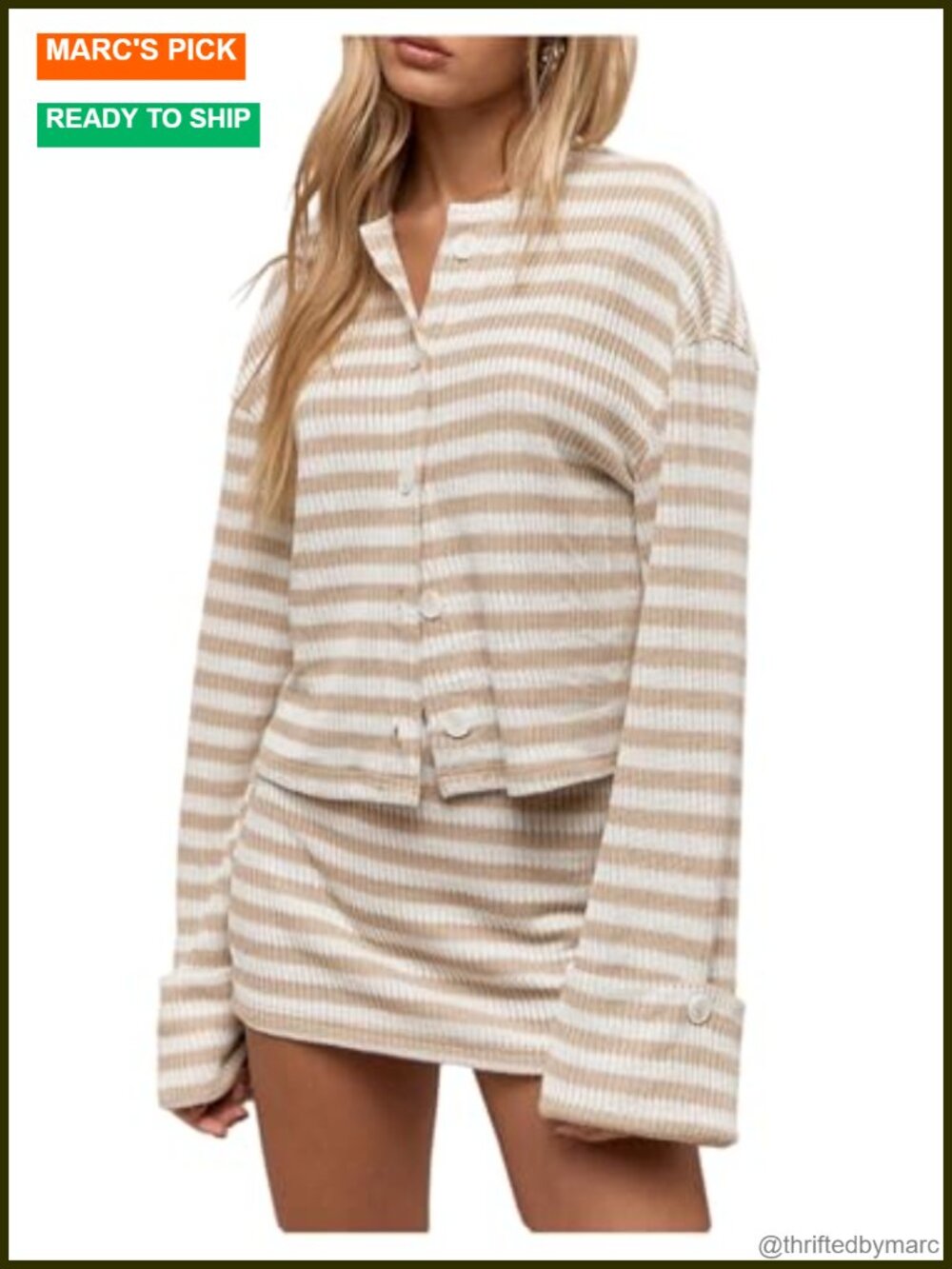 Cozy Knit Two Piece Cardigan & Mini Skirt Lounge Set Striped Fall Outfit